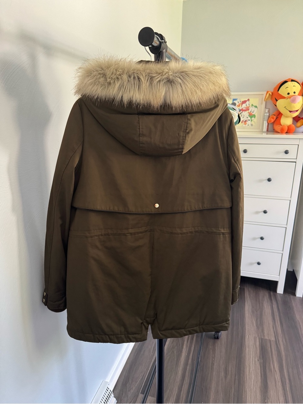 Zara Olive Hooded Trench Coat with Faux Fur Trim - Picture 3 of 3